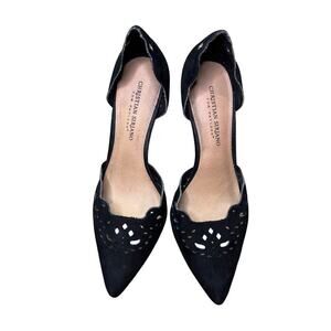 Christian Siriano Women's 9 Black Suede Eyelet High Heels, Ankle Lace Up Option